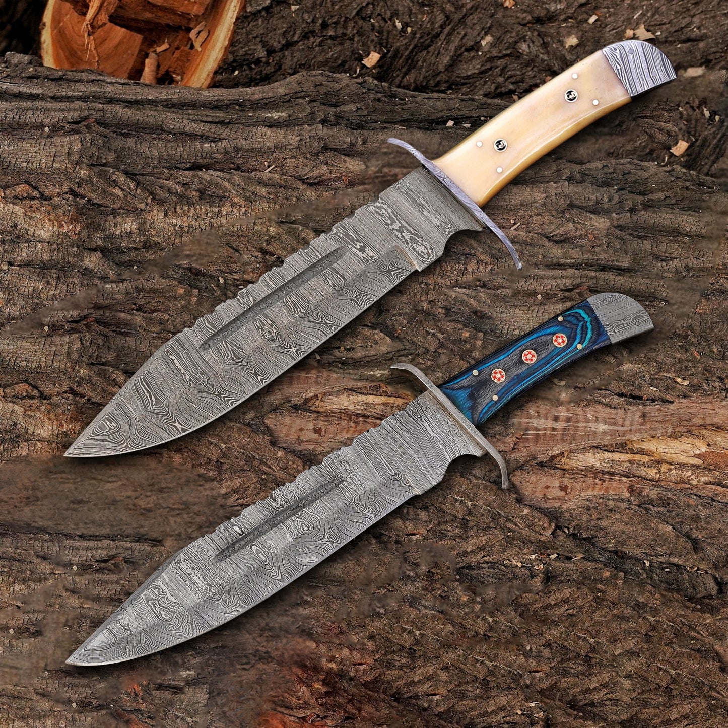 The Bowie Titans Duo – 2 Handmade 15” Damascus Steel Knives with Leather Sheaths