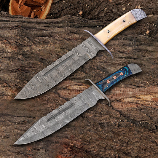 The Bowie Titans Duo – 2 Handmade 15” Damascus Steel Knives with Leather Sheaths