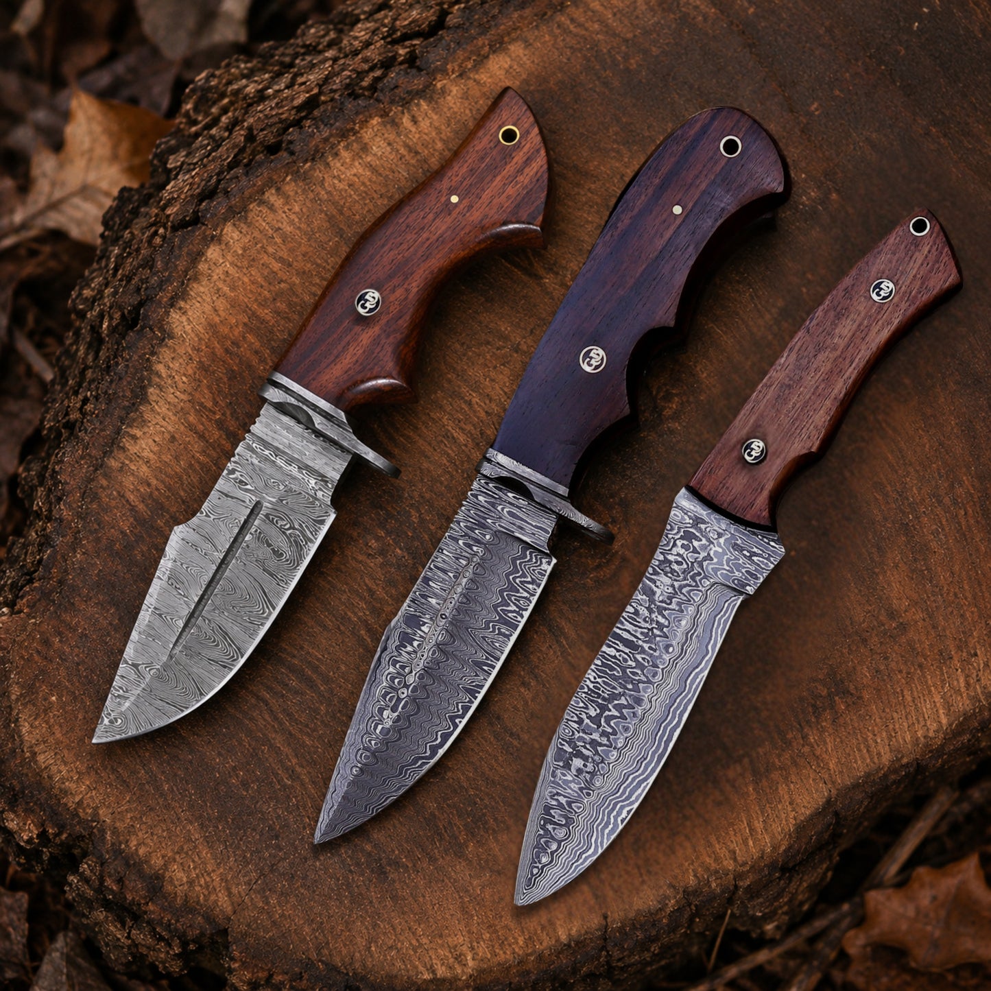 Mastercraft Damascus Trio – Bundle of 3 Handmade Hunting Knives with Leather Sheaths