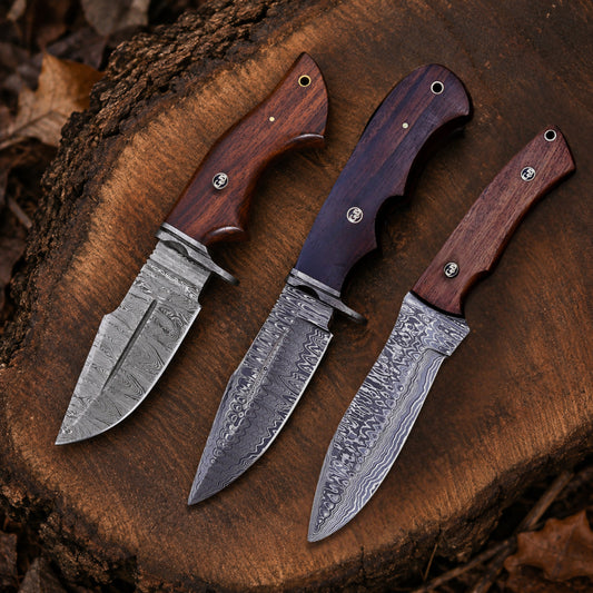 Mastercraft Damascus Trio – Bundle of 3 Handmade Hunting Knives with Leather Sheaths