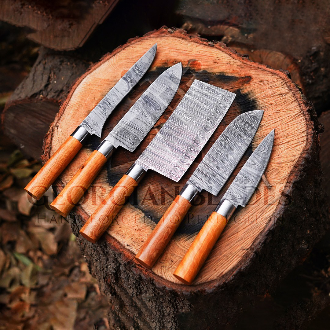 Culinary Connoisseur: 5 Piece Chef Set - Olive Wood Handle & Genuine Leather Role