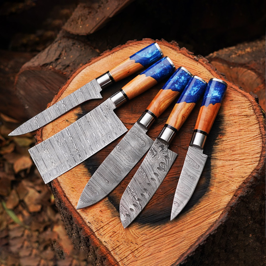 Culinary Craftsman: 5 Piece Kitchen Chef Set with Resin and Olive Wood Handle - Genuine Leather Role