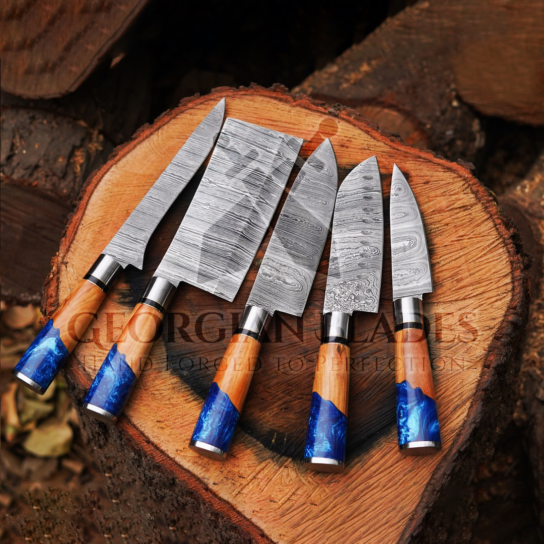 Culinary Craftsman: 5 Piece Kitchen Chef Set with Resin and Olive Wood Handle - Genuine Leather Role