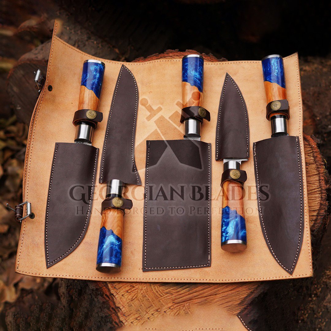 Culinary Craftsman: 5 Piece Kitchen Chef Set with Resin and Olive Wood Handle - Genuine Leather Role