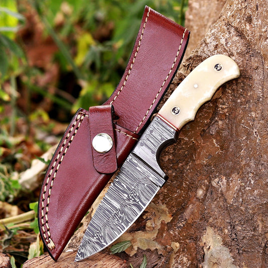 John Henry Slicer - 7.25” Hand Forged Damascus Steel Full Tang Skinner Knife - Camel Bone Handle