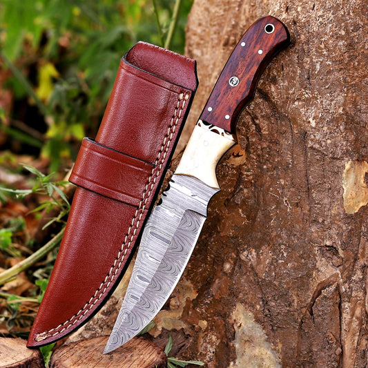 Johnny Appleseed Blade - 10” Custom Hand Forged Damascus Steel Full Tang Hunting Knife - Wood & Bone Handle