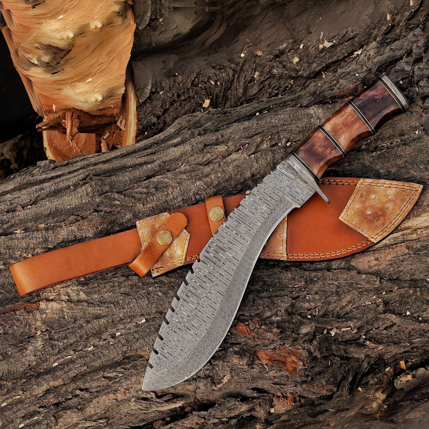 Emberwood Kukri – 15 inch Hand-Forged Damascus Masterpiece Kukri Knife with Leather Sheath