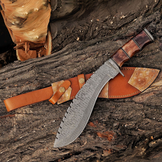 Emberwood Kukri – 15 inch Hand-Forged Damascus Masterpiece Kukri Knife with Leather Sheath