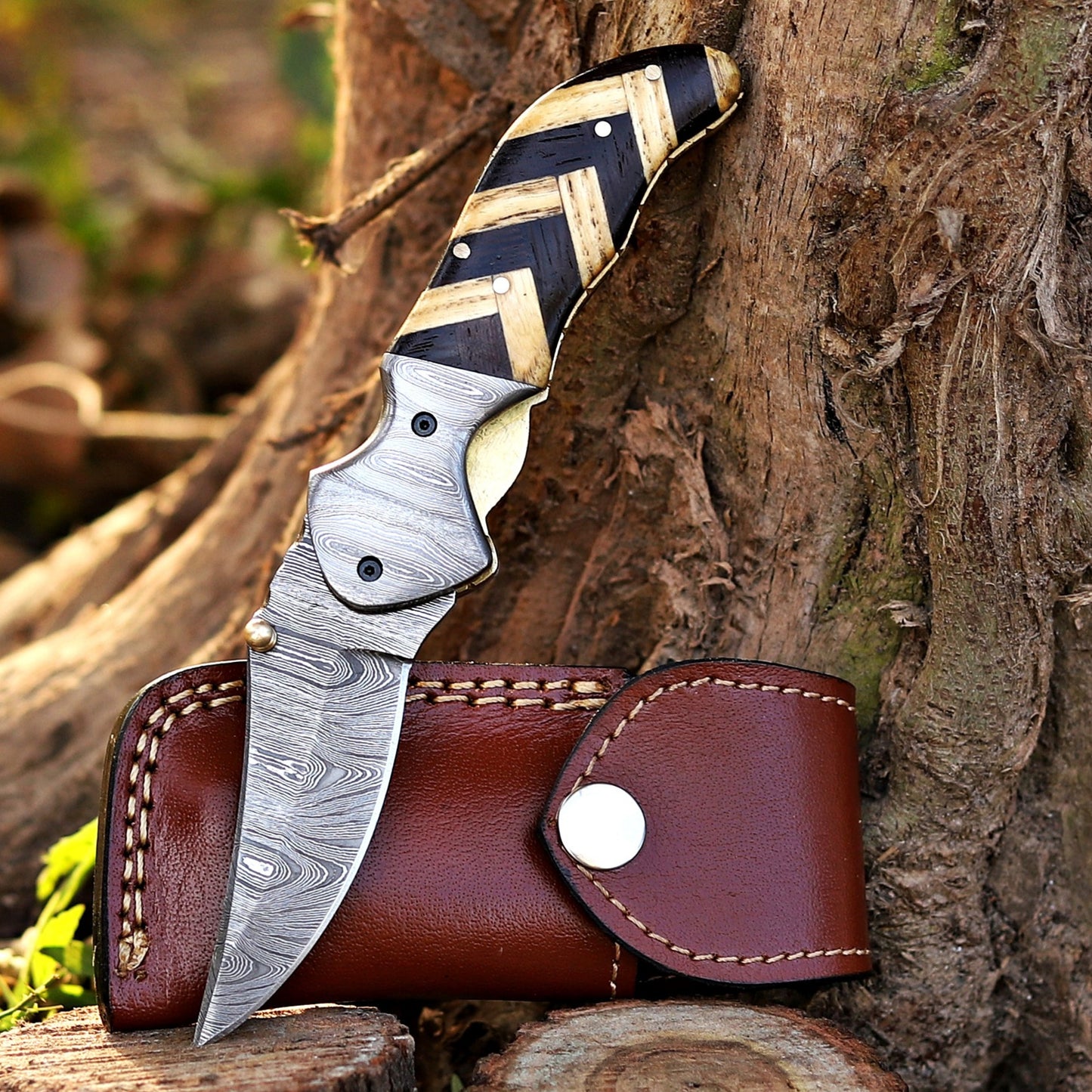 Kit Carson - 7 inches Custom Hand Forged Damascus Folding Knife Damascus Bolster With Olive & Dark Wood Handle