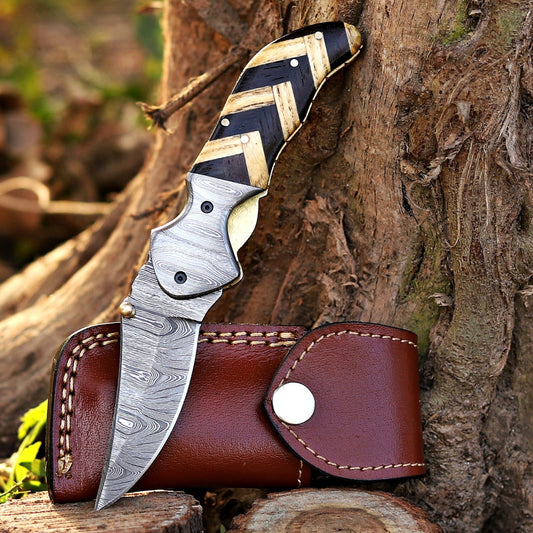 Kit Carson - 7 inches Custom Hand Forged Damascus Folding Knife Damascus Bolster With Olive & Dark Wood Handle