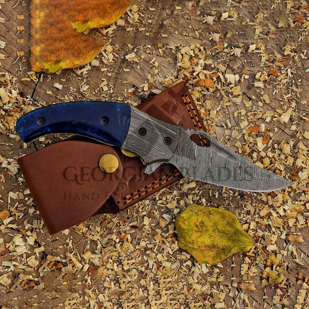 MeteorEdge - 9" Damascus Steel Pocket Folding Knife with Leather Sheath