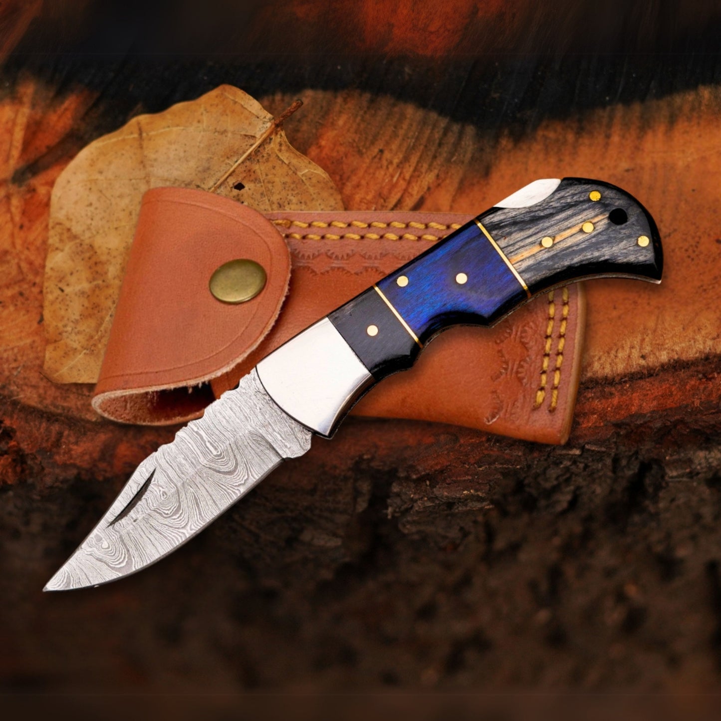 Midnight Wave- 6.5" Handmade Folding Knife with Damascus Blade and Leather Sheath