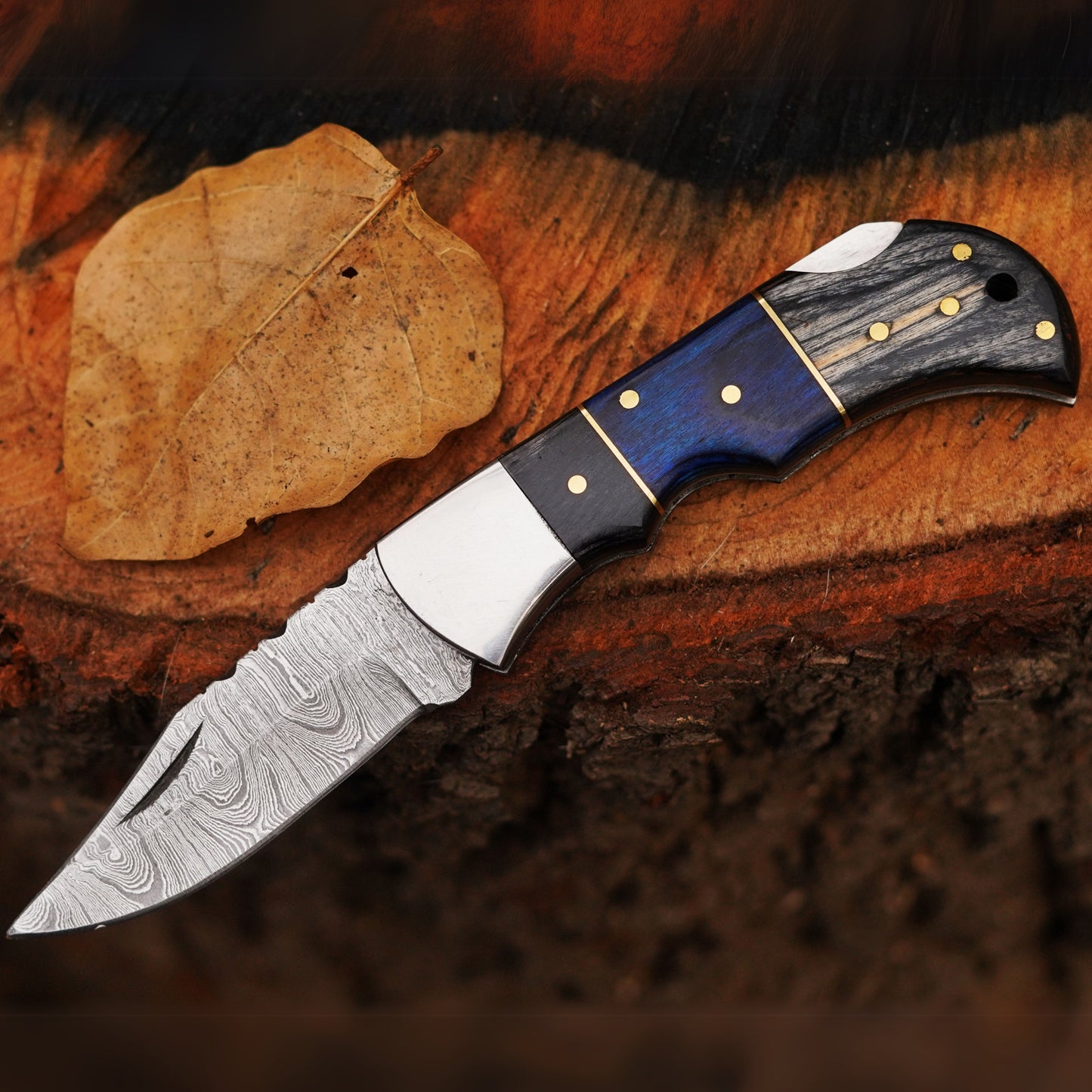 Midnight Wave- 6.5" Handmade Folding Knife with Damascus Blade and Leather Sheath