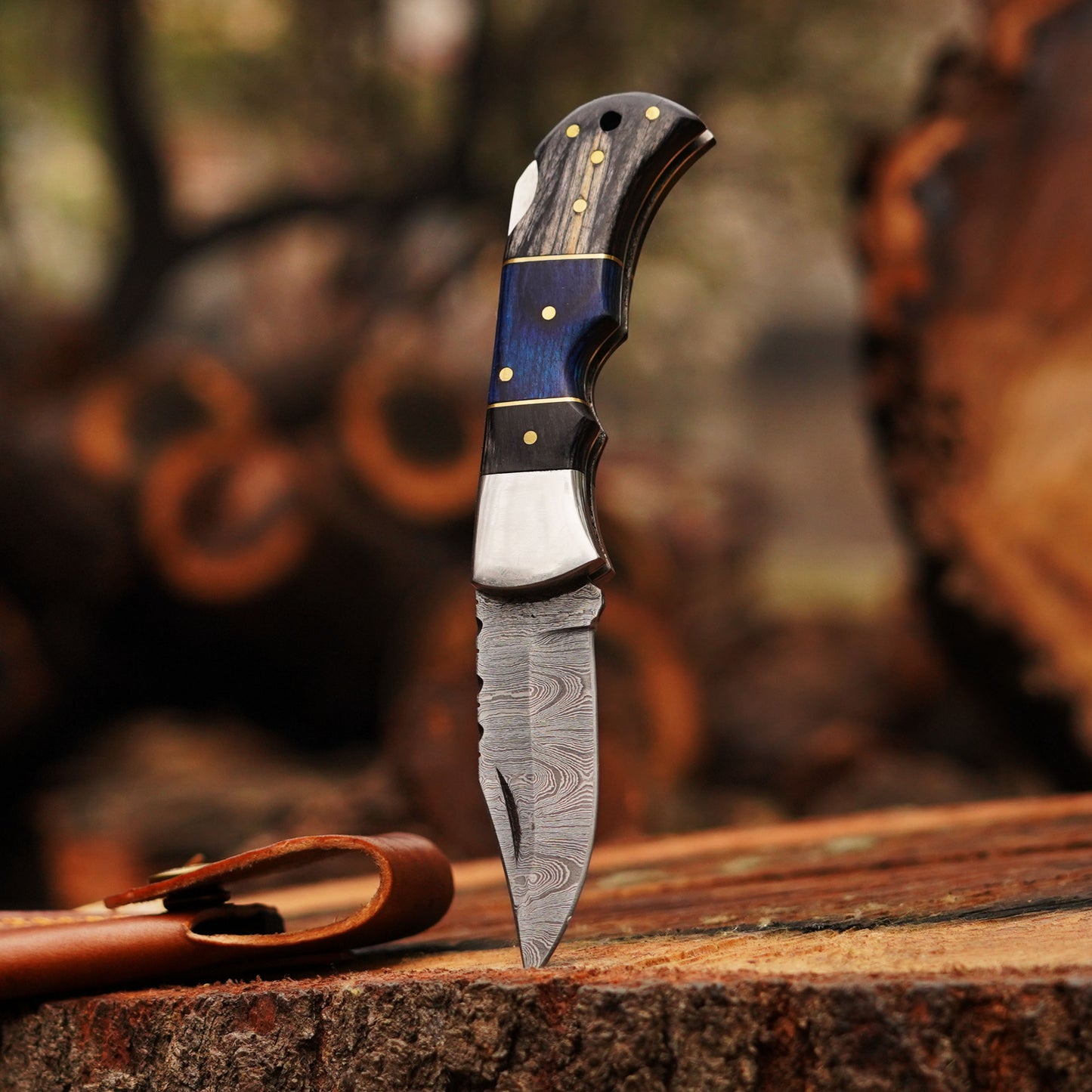 Midnight Wave- 6.5" Handmade Folding Knife with Damascus Blade and Leather Sheath