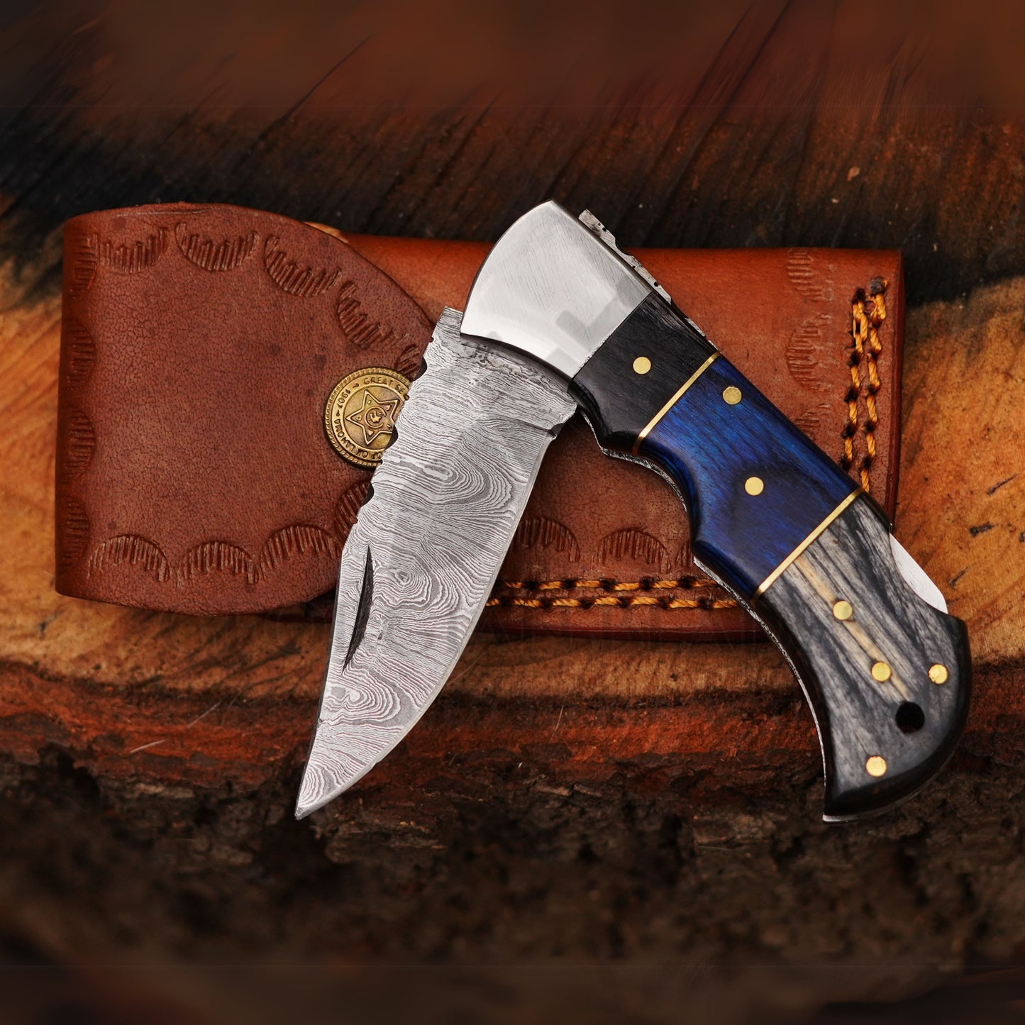 Midnight Wave- 6.5" Handmade Folding Knife with Damascus Blade and Leather Sheath