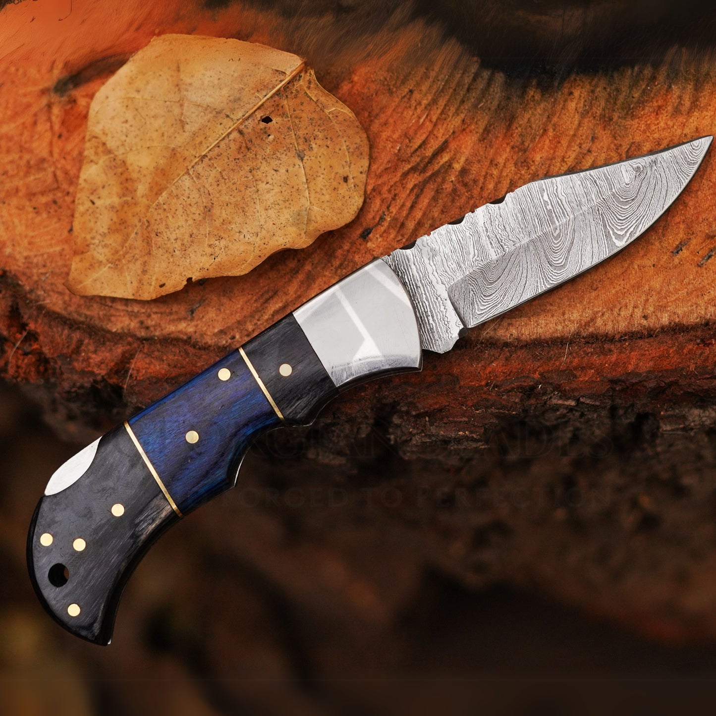 Midnight Wave- 6.5" Handmade Folding Knife with Damascus Blade and Leather Sheath