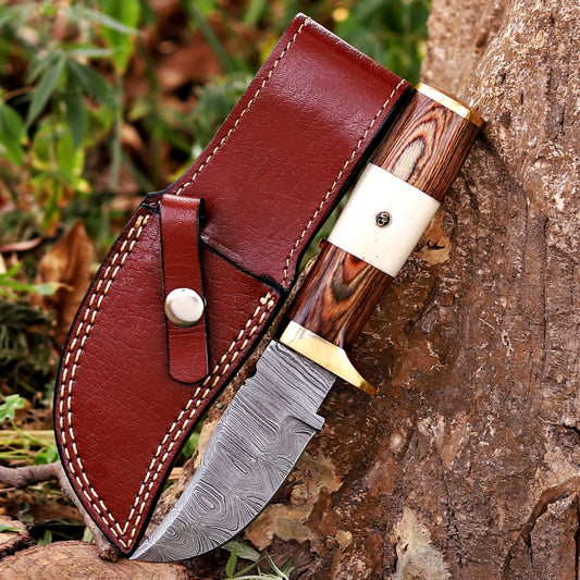 Mike Fink Skinner - CUSTOM HANDMADE FORGED DAMASCUS Steel Hunting Knife Wood & Camel Bone Handle