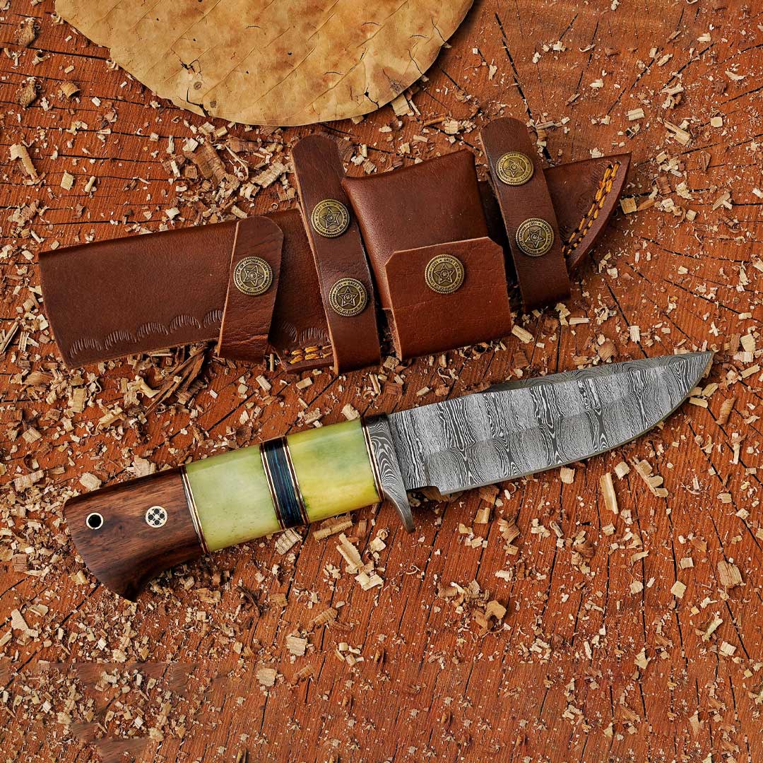 Nature's Bladebearer - 10" Hand Forged Damascus Hunting Knife with Leather Sheath