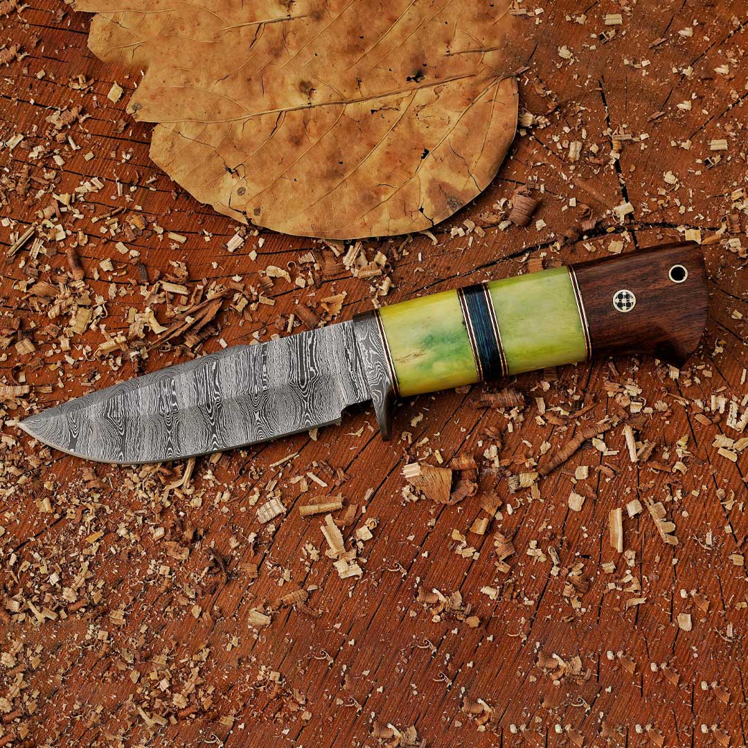 Nature's Bladebearer - 10" Hand Forged Damascus Hunting Knife with Leather Sheath