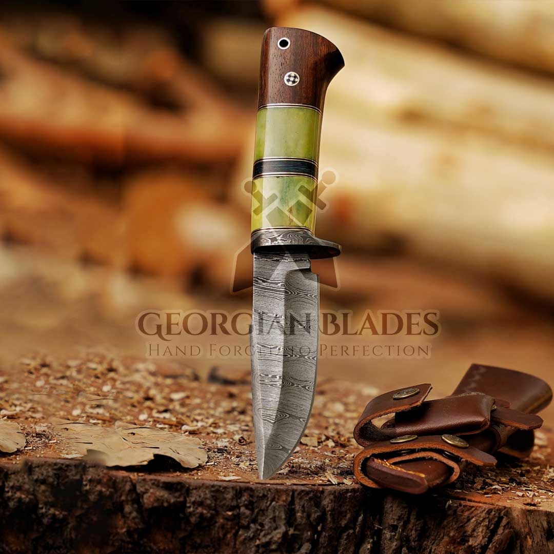 Nature's Bladebearer - 10" Hand Forged Damascus Hunting Knife with Leather Sheath