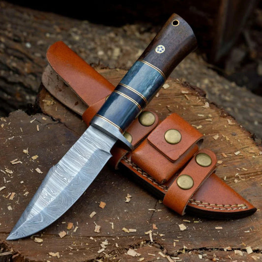 Nature's Bladebearer - 10" Hand Forged Damascus Hunting Knife with Leather Sheath