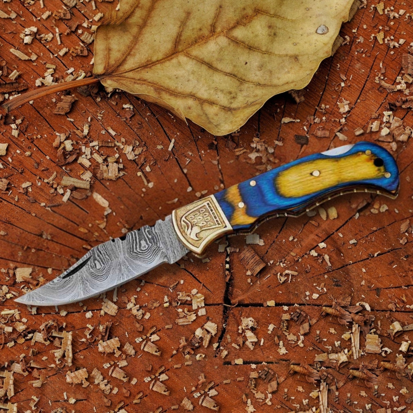 Signature Damascus Trio – Bundle of 3 Handmade Pocket Knives with Leather Sheaths