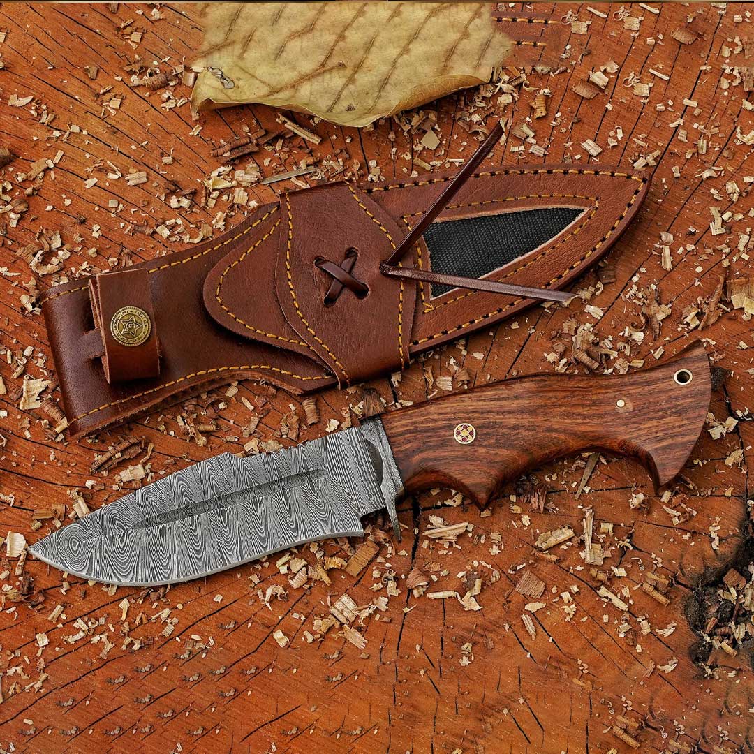 Woodman's Ally - 10.5" Hand Forged Damascus Hunting Knife with Leather Sheath