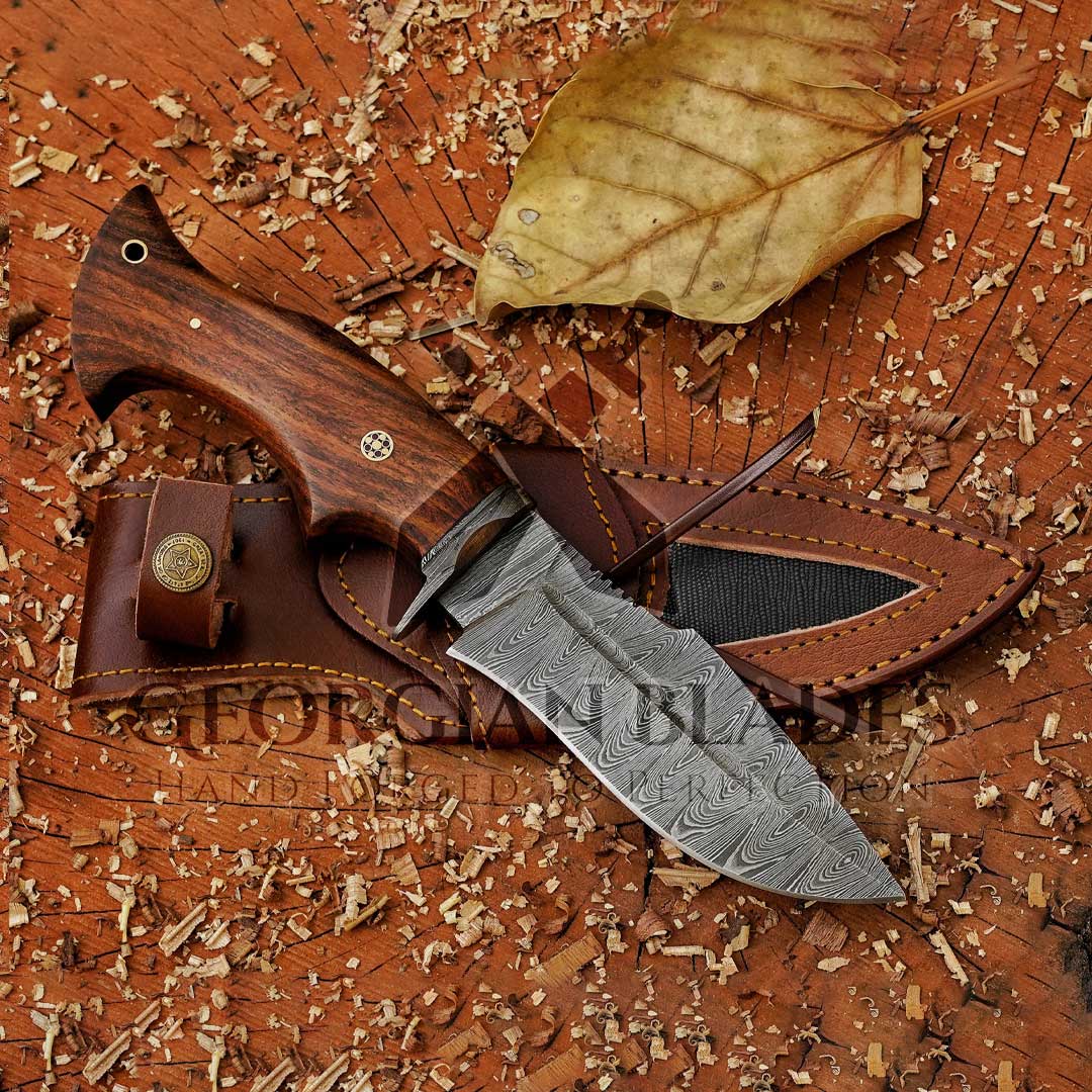 Woodman's Ally - 10.5" Hand Forged Damascus Hunting Knife with Leather Sheath