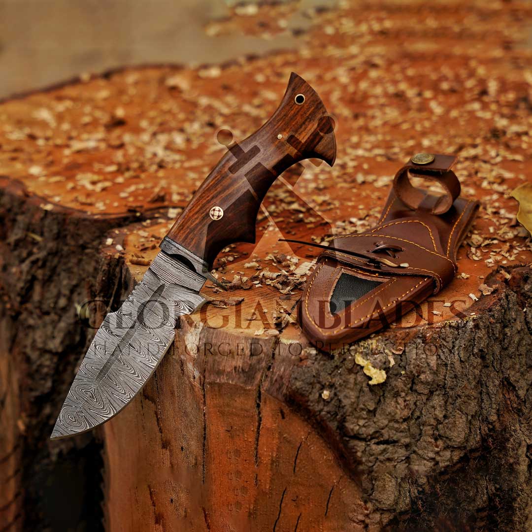 Woodman's Ally - 10.5" Hand Forged Damascus Hunting Knife with Leather Sheath