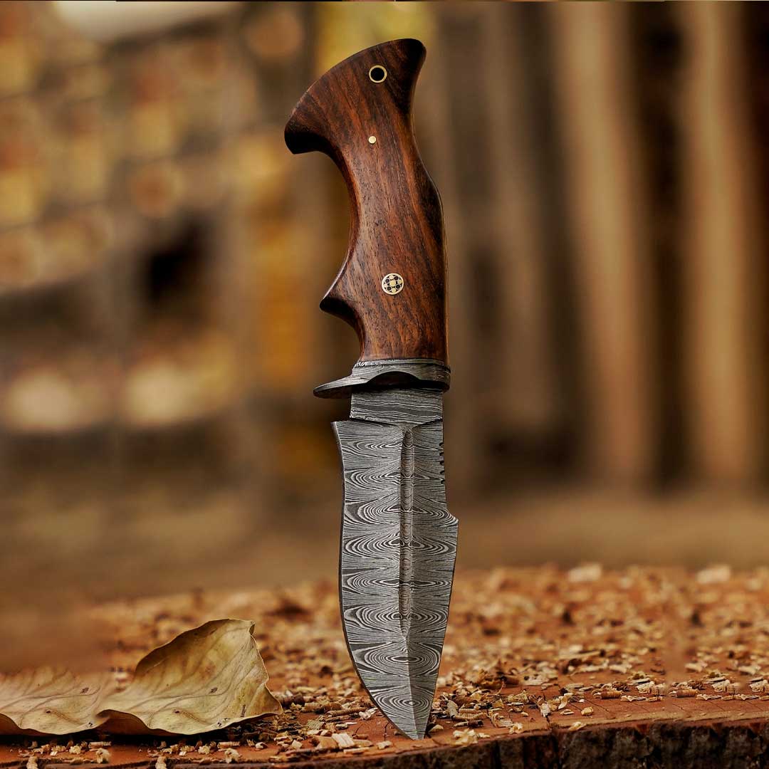 Woodman's Ally - 10.5" Hand Forged Damascus Hunting Knife with Leather Sheath