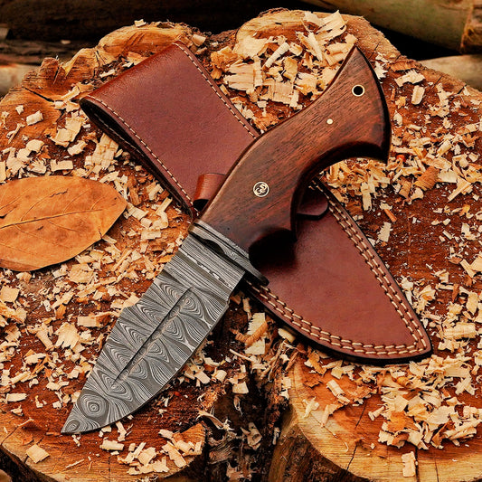 Outlander Edge 10.5 inch Damascus hunting knife with leather sheath