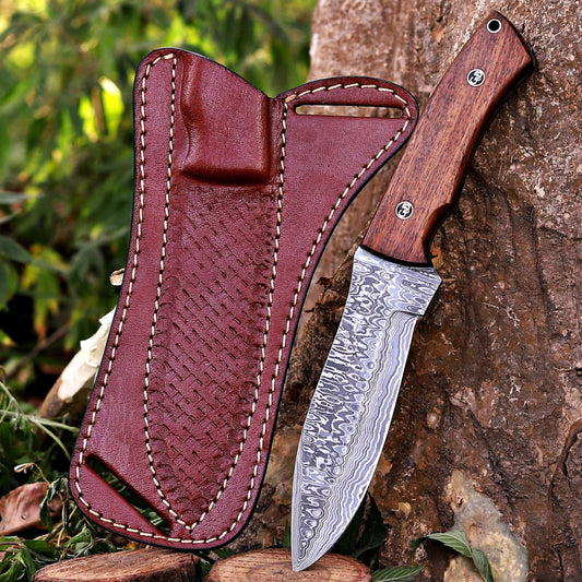 Razorwind - 11" Full Tang Hand Forged Damascus Hunting Knives with Walnut Wood Handle