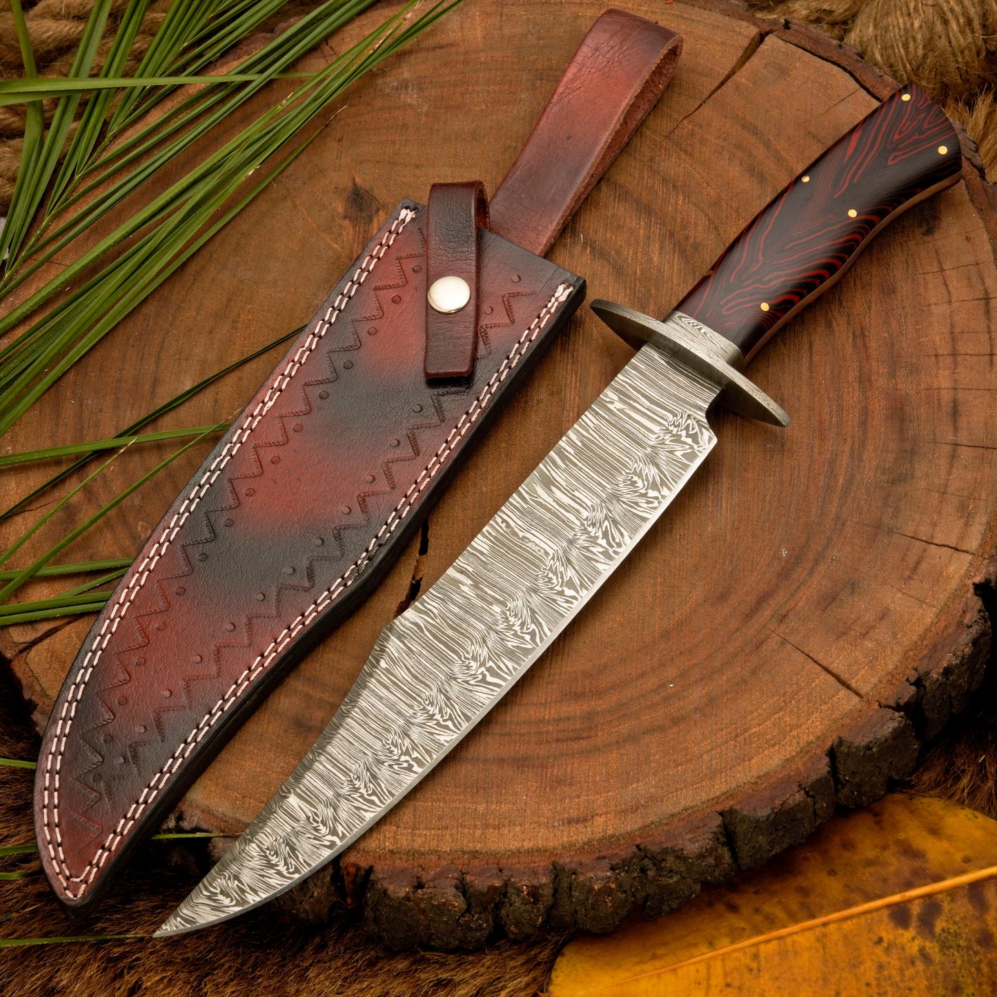 Long Creek Bowie – 15.25" Hand-Forged Damascus Bowie Knife with Leather Sheath