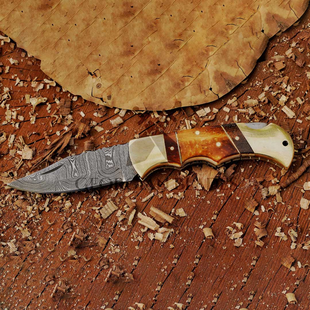 The John Paul Jones Damascus Folding Knife 8-inch Bone Handle Knife with Leather Sheath