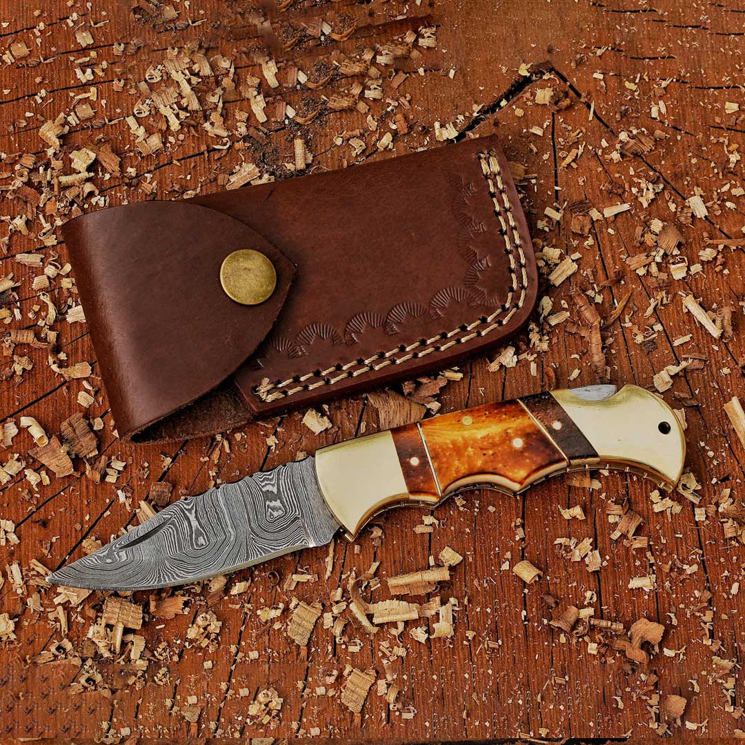 The John Paul Jones Damascus Folding Knife 8-inch Bone Handle Knife with Leather Sheath