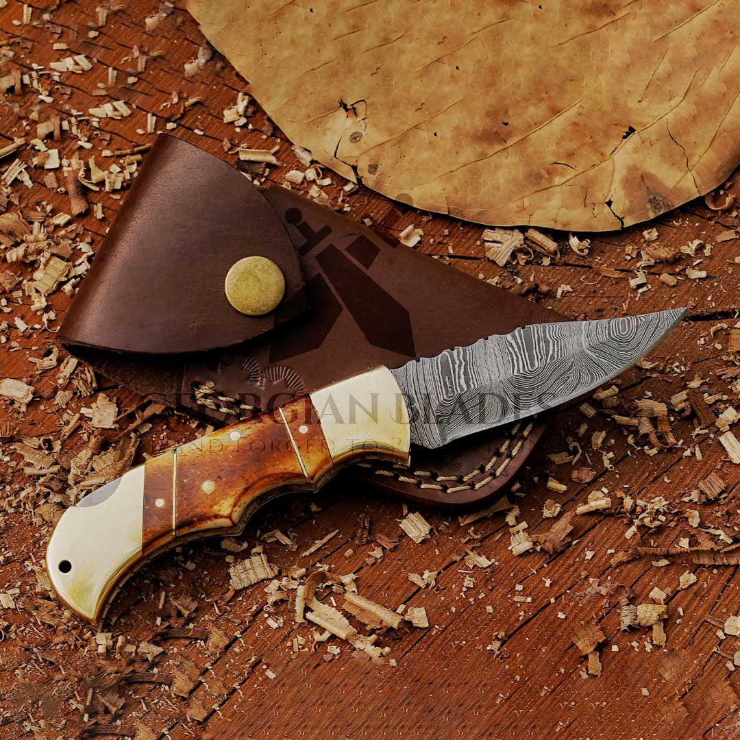 The John Paul Jones Damascus Folding Knife 8-inch Bone Handle Knife with Leather Sheath