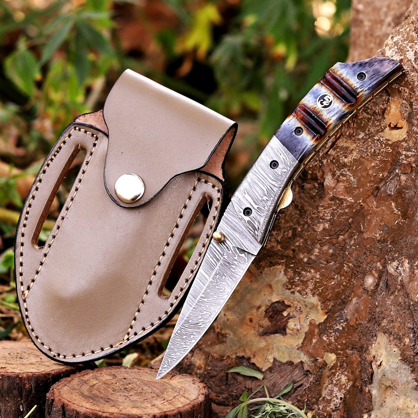The Glenn Folder – 7.5 inch Damascus Steel Liner Lock Pocket Knife with Bone Handle and Leather Sheath