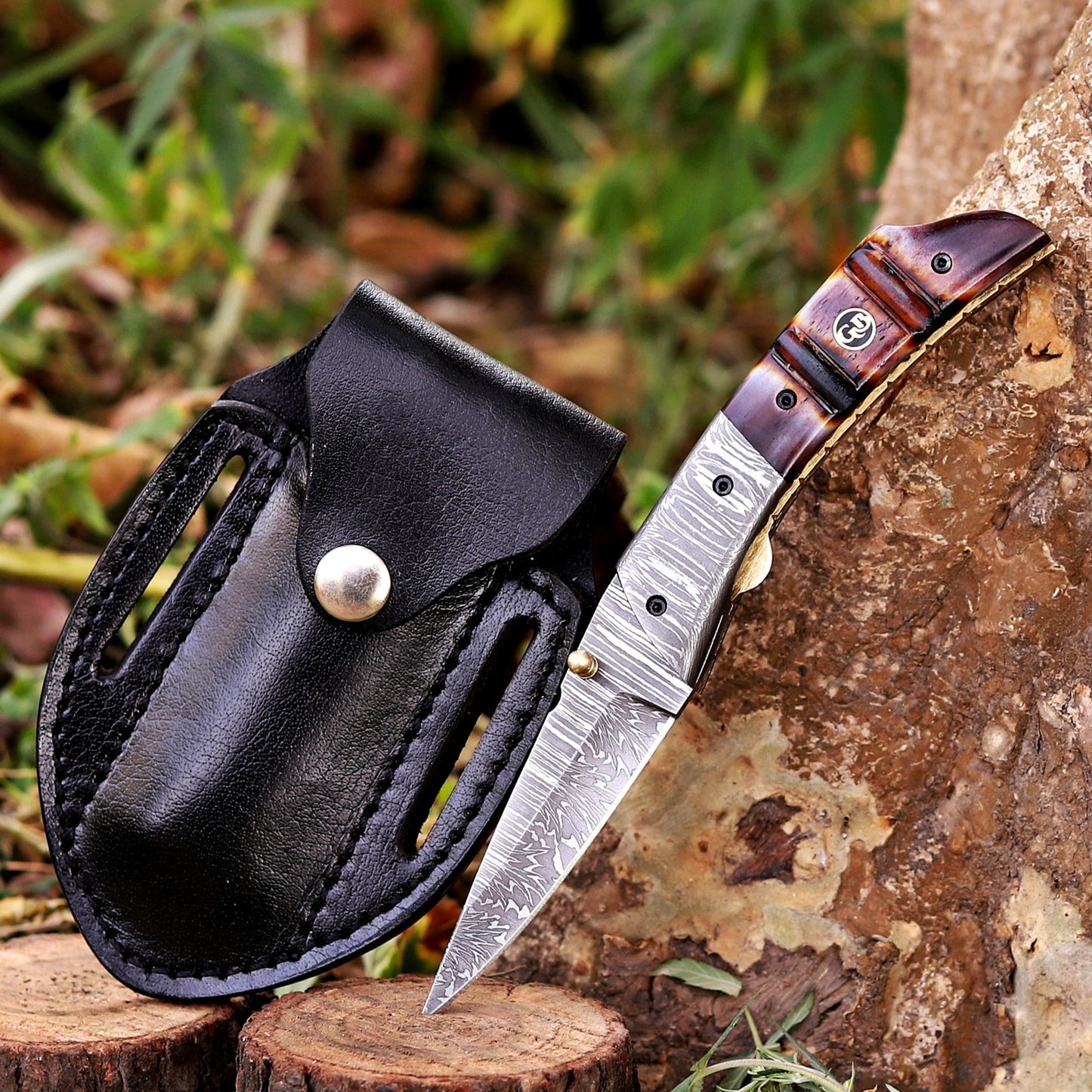 The Nimitz Folder – 7.5 inch Damascus Steel Liner Lock Pocket Knife with Bone Handle and Leather Sheath