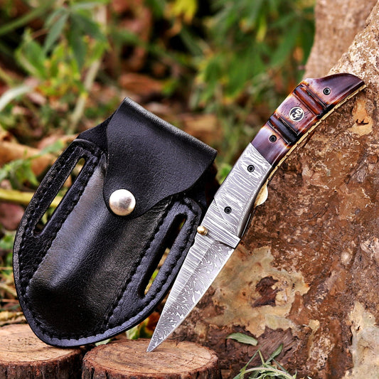 The Nimitz Folder – 7.5 inch Damascus Steel Liner Lock Pocket Knife with Bone Handle and Leather Sheath