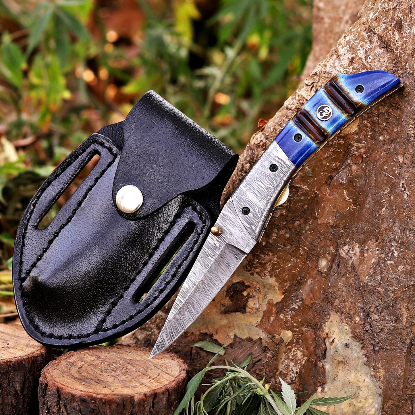The Sullivan Folder 7.5-inch Hand Forged Damascus Steel Pocket Knife with Leather Sheath