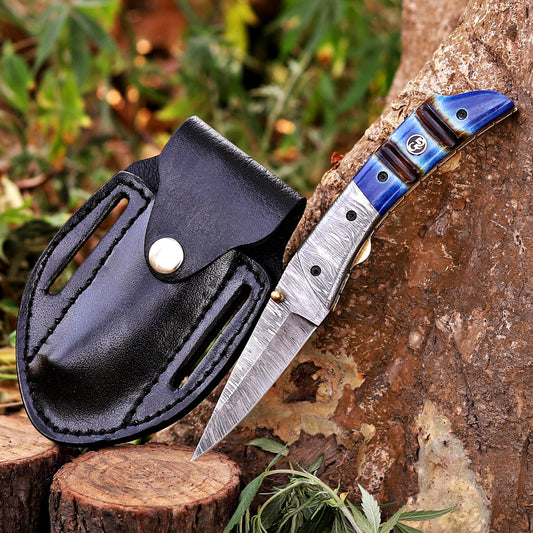 The Sullivan Folder 7.5-inch Hand Forged Damascus Steel Pocket Knife with Leather Sheath