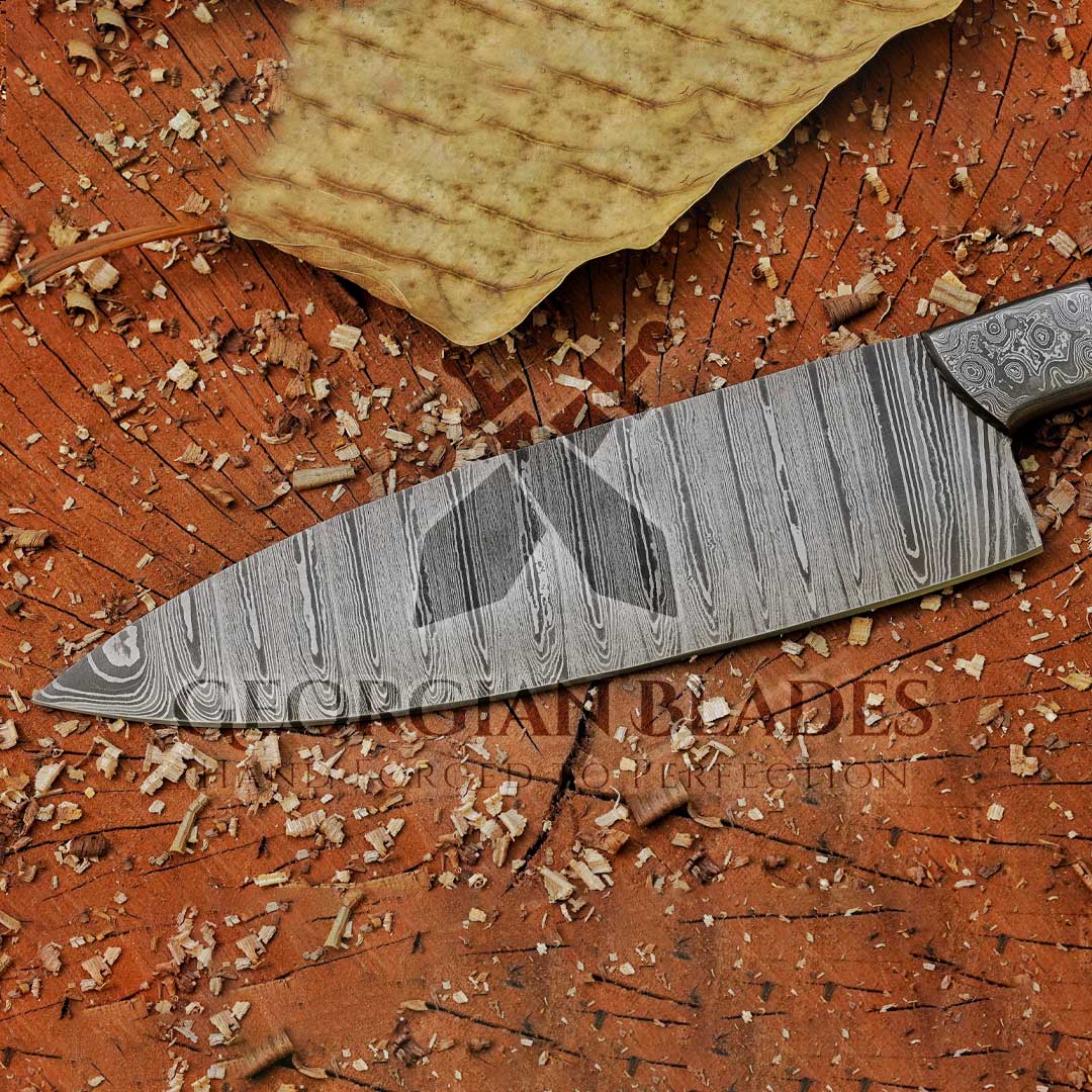 The "Julia Child" Chef Knife 12-inch Handmade Damascus Chef Knife with Damascus Bolster and Dark Walnut Handle and Leather Sheath