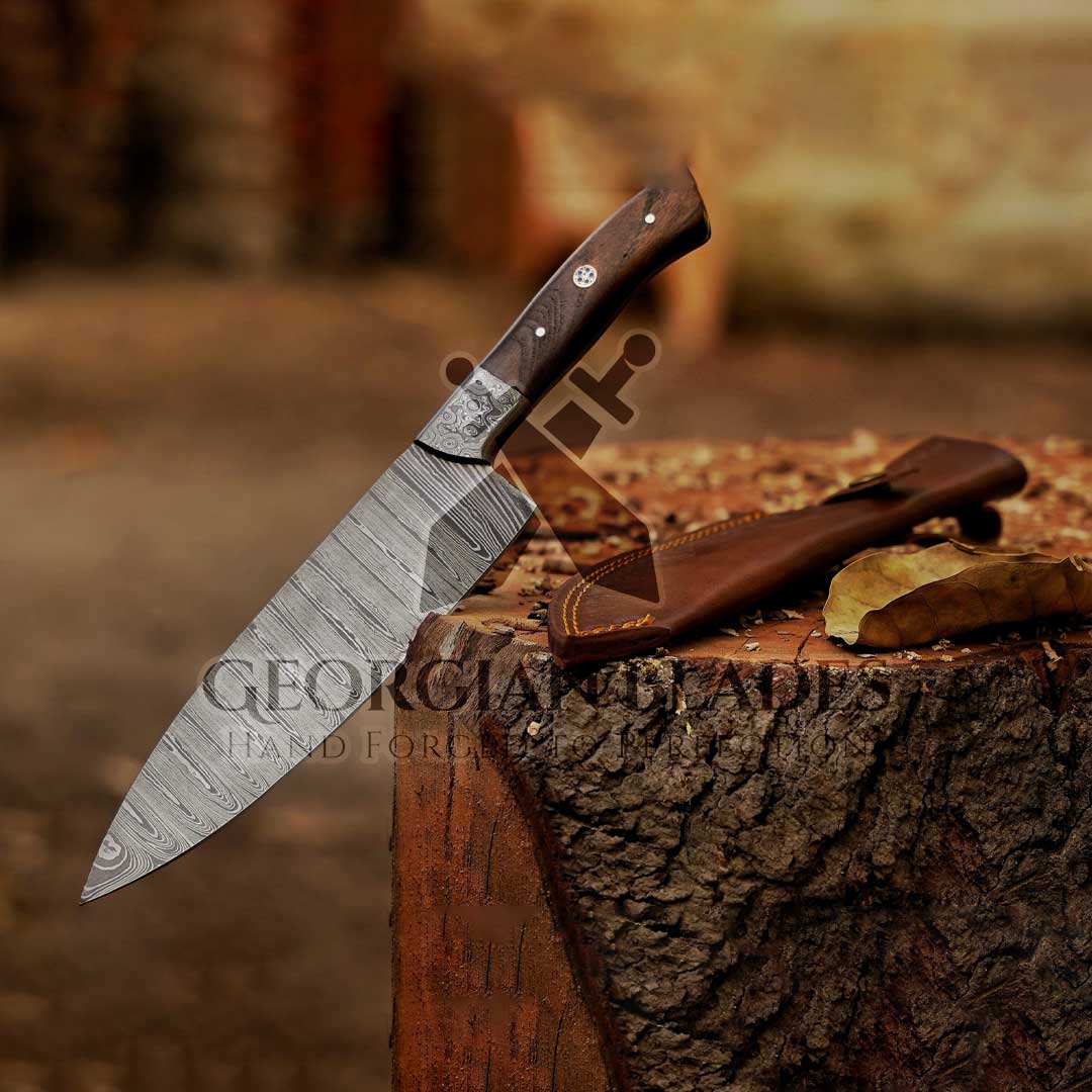 The "Julia Child" Chef Knife 12-inch Handmade Damascus Chef Knife with Damascus Bolster and Dark Walnut Handle and Leather Sheath