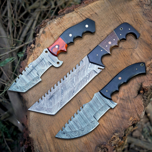 The Damascus Tracker Trio – Bundle of 3 Damascus Tracker Knives with Leather Sheaths