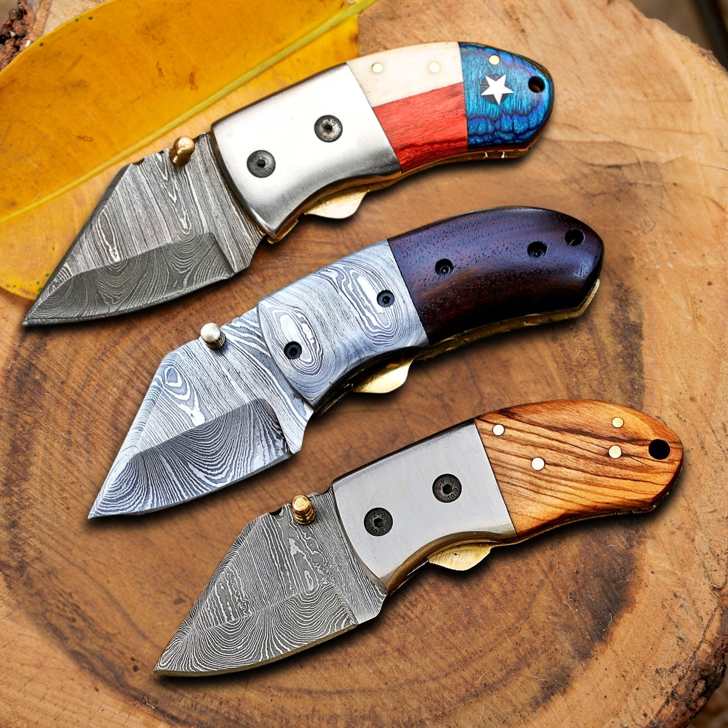 Pocket Titans Trio – Bundle of 3 Handmade Mini Knives with Leather Sheaths