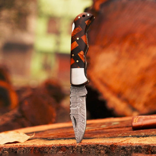 Gentleman's Knife - 6.5" Handmade Folding Knife with Damascus Blade and Rose Wood and Olive Handle
