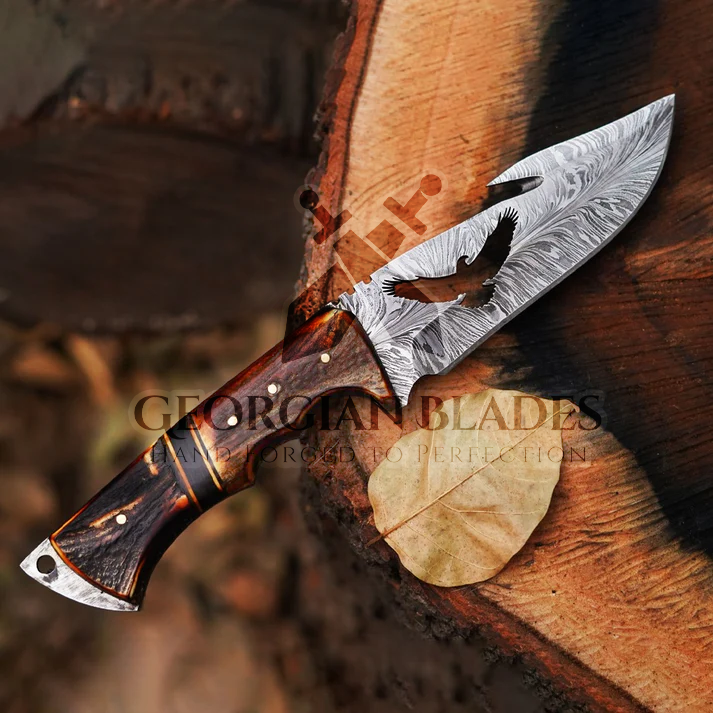 Eagle's Talon: 11.5" Full Tang Hand Forged Fixed Blade Gut Hook Damascus Steel Hunting Knife with Leather Sheath