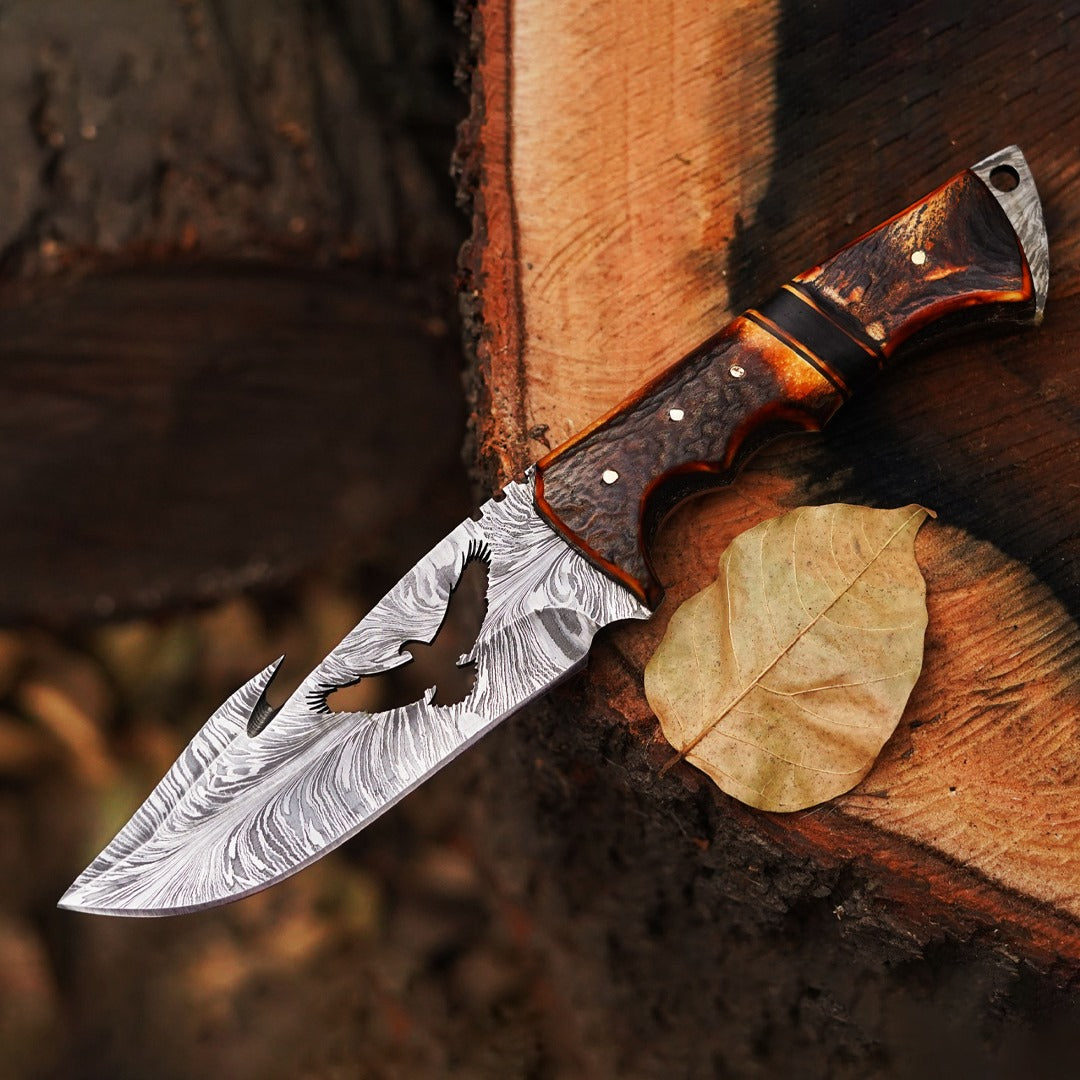 Eagle's Talon: 11.5" Full Tang Hand Forged Fixed Blade Gut Hook Damascus Steel Hunting Knife with Leather Sheath