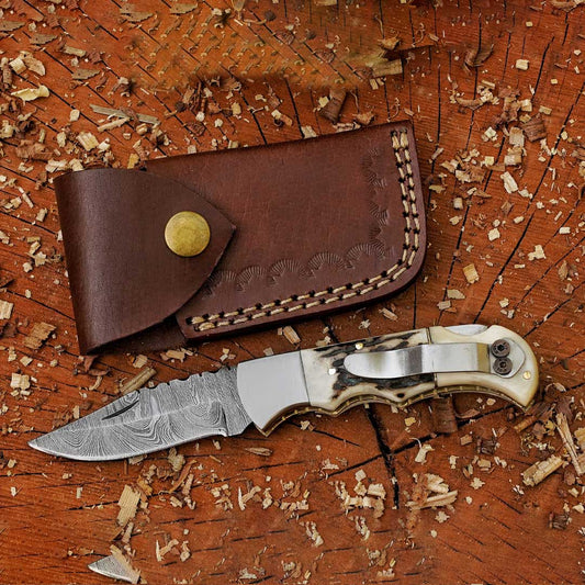 The "Boone's Edge" 6.75 inch Handmade Folding Knife Damascus Steel with Stag horn and Camel bone Handle with Leather Sheath