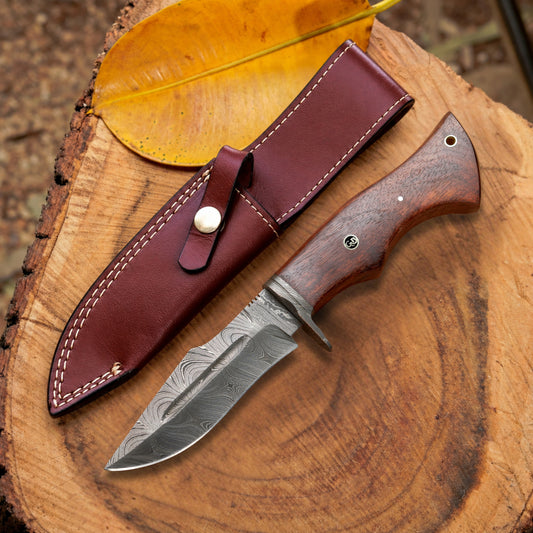 Woodman's Ally - 10.5" Hand Forged Damascus Hunting Knife with Leather Sheath